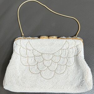 Vintage White Beaded Purse w Gold Accents Handmade in France 8” x 5”